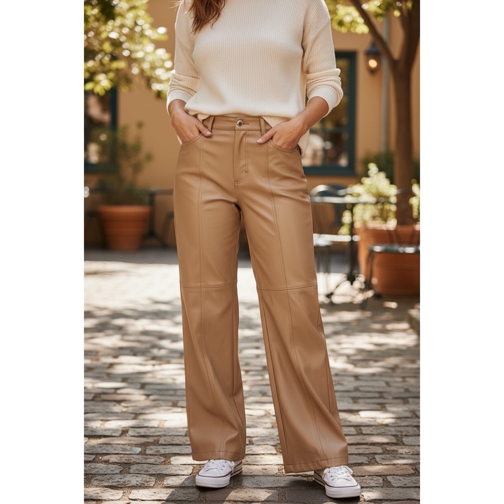 Blank NYC the Baxter Ribcage Faux Leather Wide Leg Pants Trousers‎ Neutral Tan